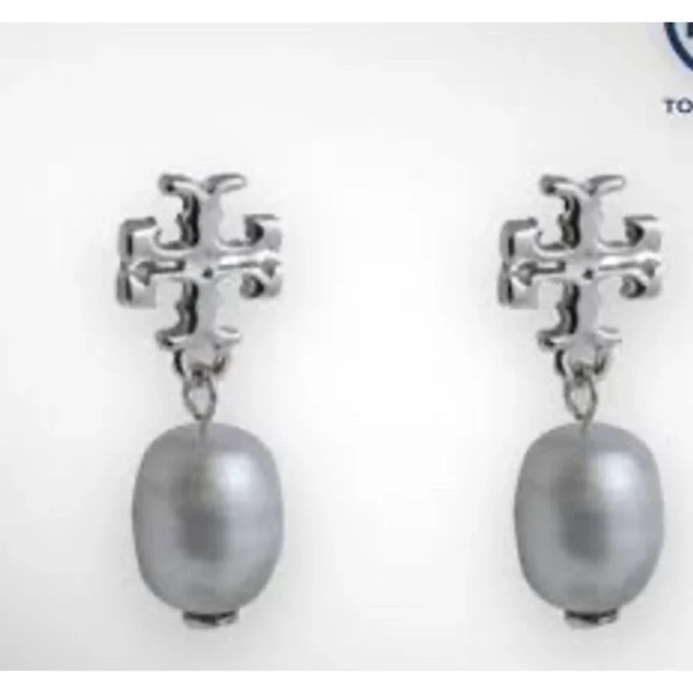 Tory Burch Logo Pearl Drop Down Earrings in Silver / Dustbag Included